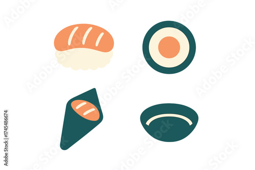 Minimalist set of Japanese sushi icons: nigiri, maki roll, and temaki hand roll
