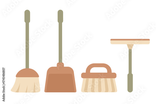 Essential household cleaning tools set including broom, dustpan, hand brush, and window squeegee