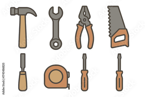 Basic hand tools for home improvement and building featuring hammer wrench pliers and tape measure