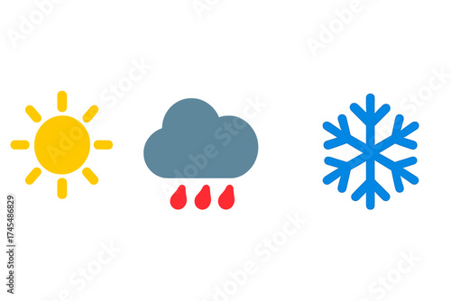 Minimalist set of weather symbols depicting sunny, rainy, and snowy conditions