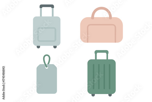 Minimalist set of travel baggage including rolling luggage, duffel bag, and identification tag
