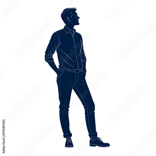 A full-length dark blue vector silhouette of a man standing casually with his hands in his pockets, looking up and to the side.