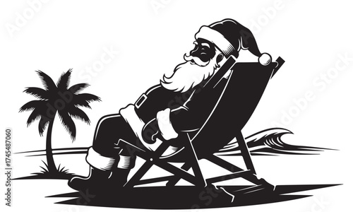 Relaxing Santa Claus in Beach Chair with Palm Tree and Ocean Wave Silhouette