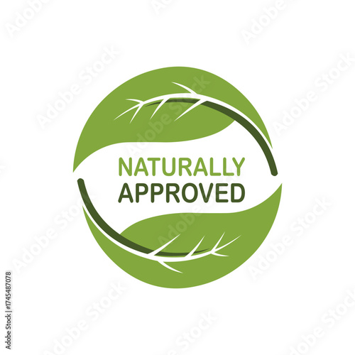 Vector art of naturally approved logo, featuring green leaves in a circle shape design