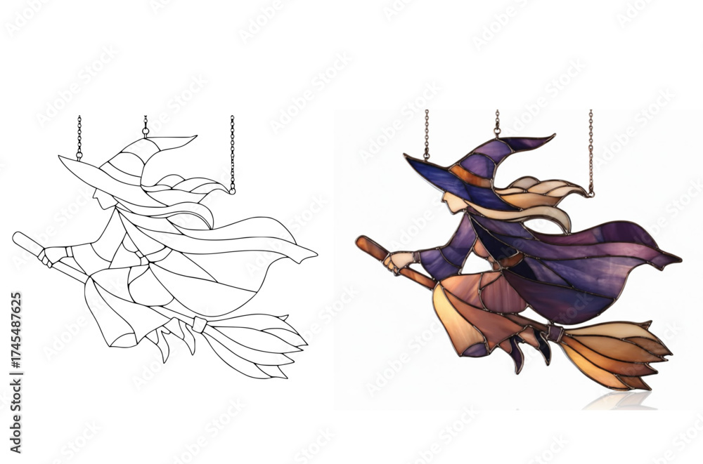 Fototapeta premium Flying Witch Stained Glass Art – Halloween Decorative Window Pane