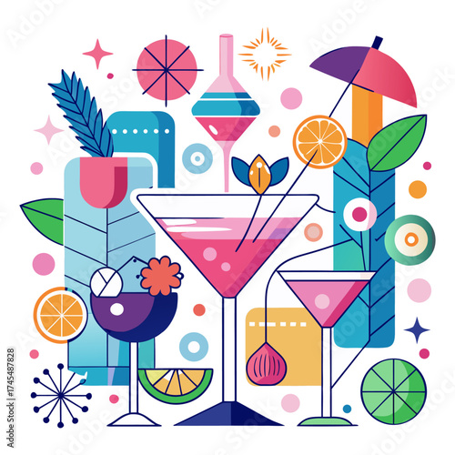 Vector art of colorful cocktail illustration with various drinks and decorative elements