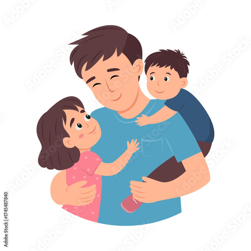 Happy Father Hugging His Two Children, A Boy And A Girl, On White Background