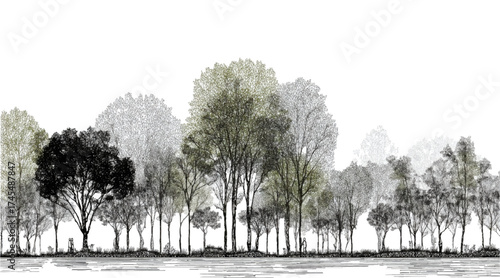 Minimal CAD Tree Line Drawing Architectural Wetland Forest Section Outline Side View Landscape Design Illustration Plot and tree side block Outline vector design pattern, Minimal CAD Tree Line Drawing