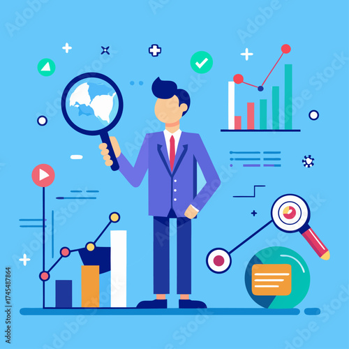 Vector art of business analysis illustration with man holding magnifying glass and data charts