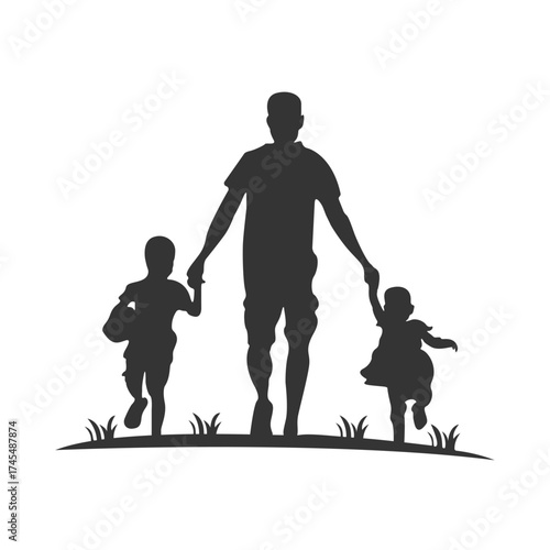 Father walking hand-in-hand with his two happy children, representing family bond and parental love in a silhouette design