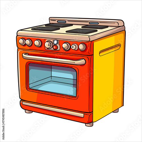 A fun cartoon stove in red and yellow with burners, oven, and knobs, isolated on white background. Ideal for kitchen graphics or home designs