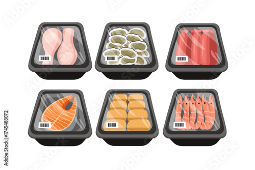 Supermarket Food Tray Collection. Various Packaged Protein Products. Assorted Packaged Food Illustration. Raw Food Packaging Set. Frozen snack.