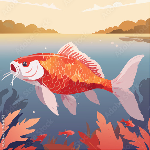 Red goldfish swimming in pond with sunset background
