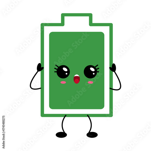 Kawaii full battery character with cheerful expression and cute design for playful energy concept