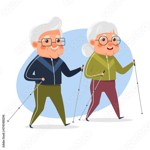 Happy elderly couple doing Nordic walking with trekking poles. Senior characters in sportswear staying active and healthy. Vector illustration
