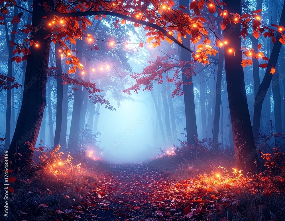 Fototapeta premium Enchanted Forest with Glowing Leaves and Mysterious Lights in Misty Fantasy Halloween Night