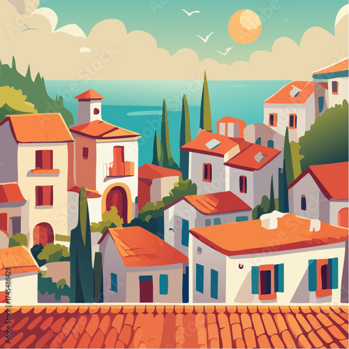 Coastal townscape with terracotta roofs and blue shutters