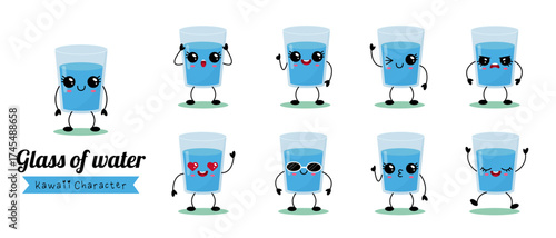 Kawaii character set featuring adorable glass of water with cheerful expressions and playful poses