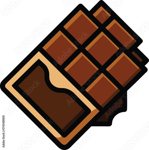 A delicious stylized illustration of a broken chocolate bar with visible squares and a light brown wrapper against a white background