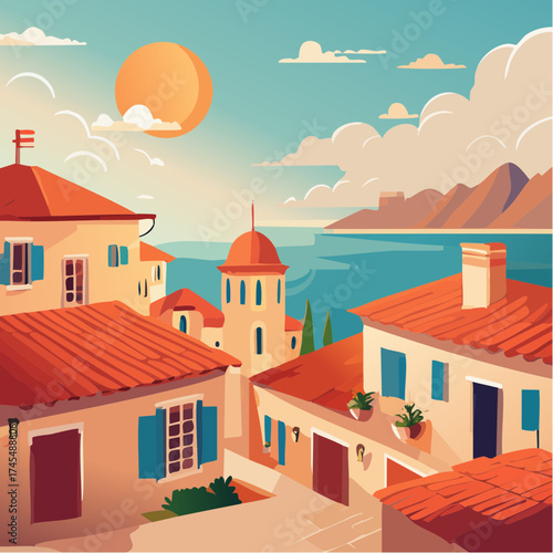 Mediterranean townscape with sea and mountains
