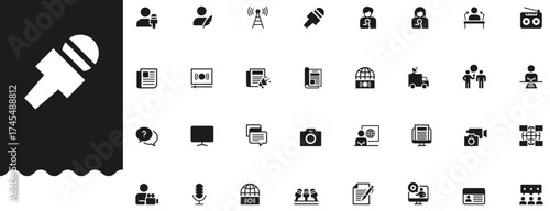 Journalism and News media solid icon set features reporter, communication, camera, reporting, article, information, headlines interview and broadcast symbols. Professional, minimal vector collection.