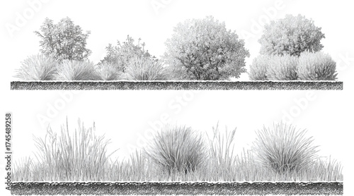 Vector Black and White Shrubs and Grass Line Art for Landscape, Garden, and Architecture Drawing – Botanical Elements Isolated on White vector design 