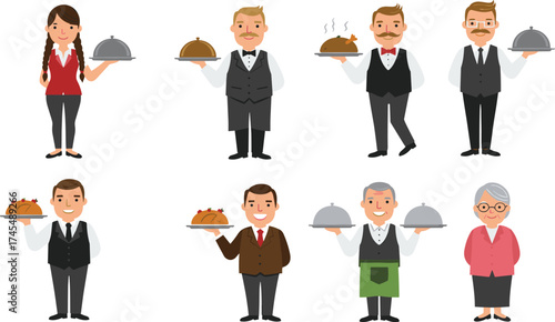 Cartoon waiter and chef vector set with diverse characters, food trays, formal attire, restaurant service, steam dishes, and presentation