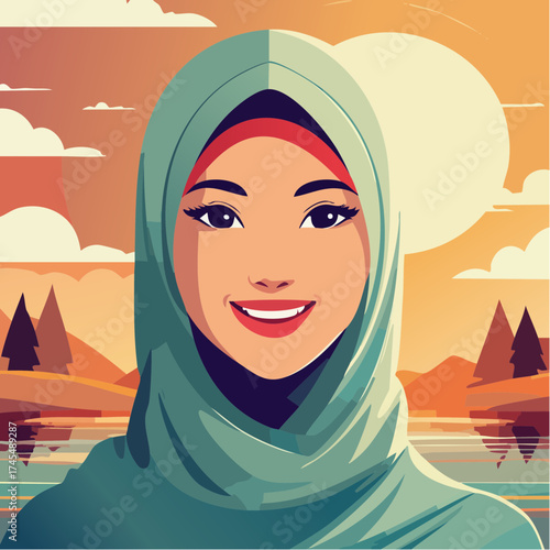 Woman in hijab with sunset landscape background