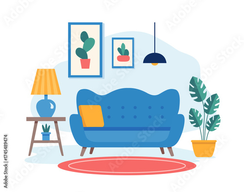 Living room interior in flat style. Modern interior of the living with furniture. Vector stock