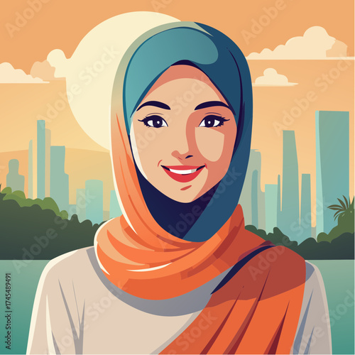 Woman in hijab smiling with city skyline background
