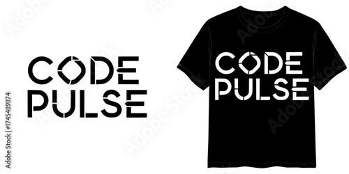 Cyberpunk Techno Lettering style CODE PULSE, two variants of the inscription design in black on a transparent background and in white on the background of a mock-up T-shirt