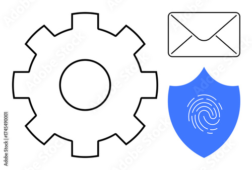 Gear for settings, envelope for communication, shield with fingerprint for security. Ideal for technology, cybersecurity, communication, settings, privacy email and simplified concepts. Simple flat