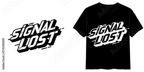 "SIGNAL LOST" text in Cyberpunk Techno Lettering style, two variants of the inscription design in black on a transparent background and in white on the background of a mock-up T-shirt