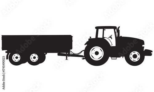 Black Silhouette of a Farm Tractor with Trailer