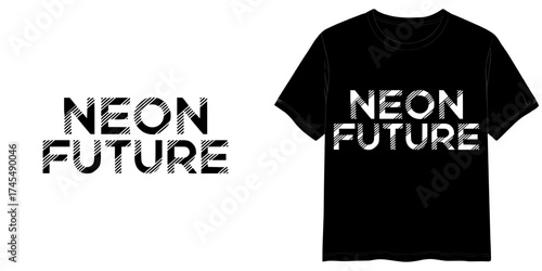 "Neon Future" text in Cyberpunk Techno Lettering style, two variants of the inscription design in black on a transparent background and in white on the background of a mock-up T-shirt
