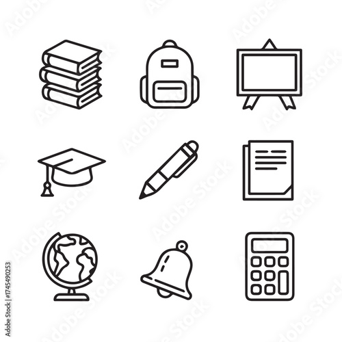 Set of nine outline icons related to education and school supplies, isolated on a white background