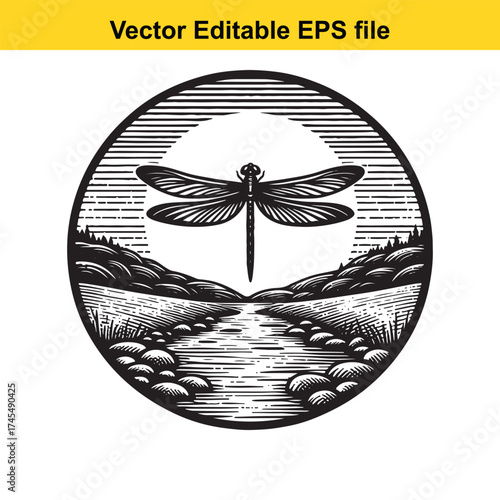 Vector art of circular engraving of a dragonfly over a stream with hills in background