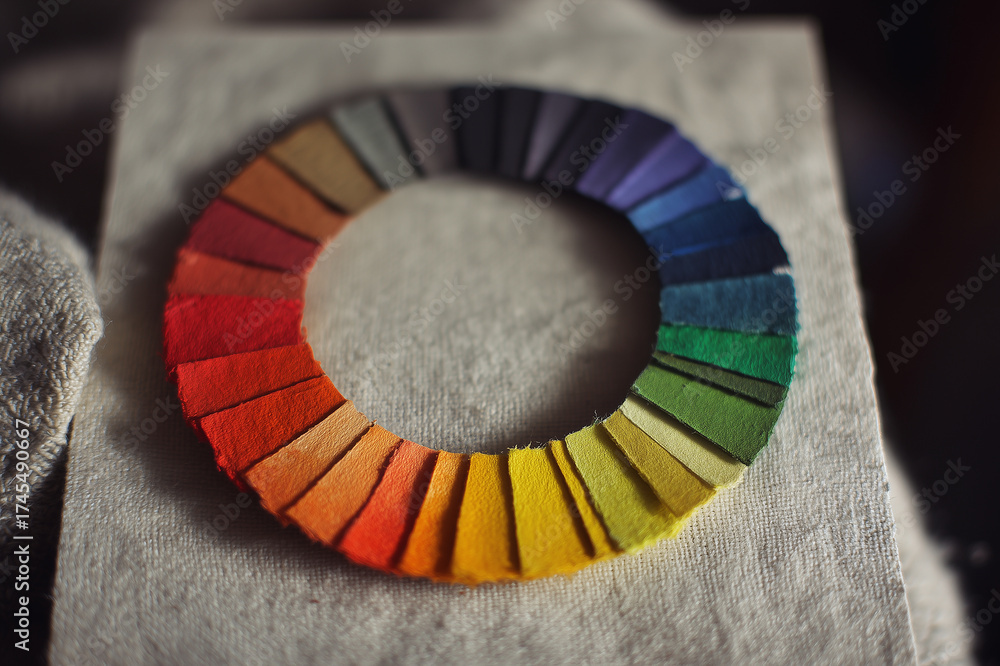 Obraz premium Close-up of a handcrafted color wheel made from felt swatches arranged in a circular rainbow on textured fabric, showcasing vibrant hues, tactile texture and subtle shadow details.