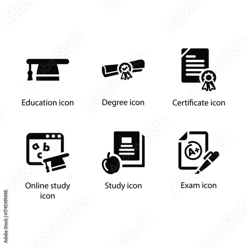 Education, Degree, Certificate, Online study, Study, Exam, Black Icon Set