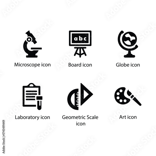 Microscope, Board, Globe, Laboratory, Geometric Scale, Art, Black Icon Set