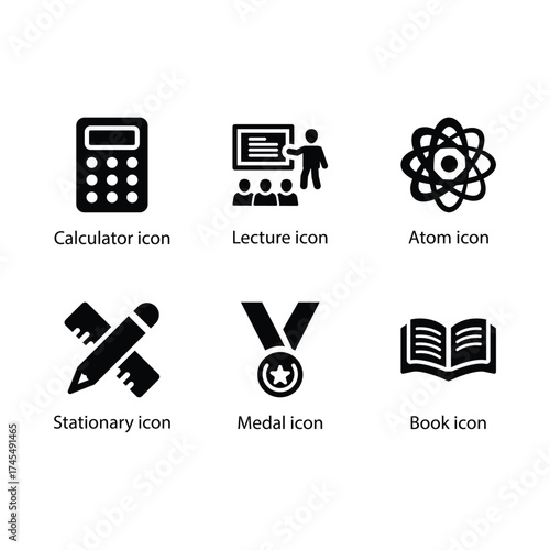 Calculator, Lecture, Atom, Stationary, Medal, Book, Black Icon Set