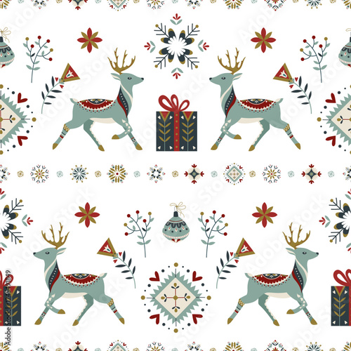Charming Christmas seamless pattern in Scandinavian folk style with deer, gifts, snowflakes. Cozy Nordic holiday design for wrapping paper, fabric, greeting cards, festive winter decoration. Vector