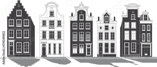 Black and white architectural illustration of classic European buildings, vintage townhouse facades, Amsterdam canal houses, historical city street design, artistic print