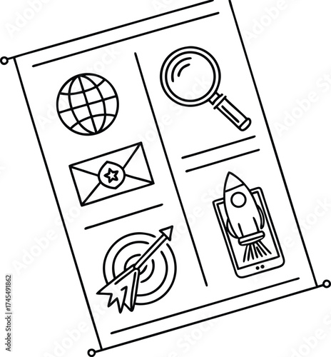 Vector illustration of business marketing icons including globe, magnifier, rocket, email, and target in outline style
