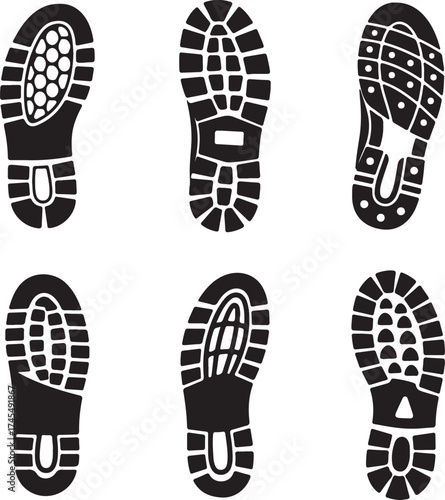 Diverse shoe sole silhouettes collection six unique footprint tread patterns ideal for design elements and outdoor adventures