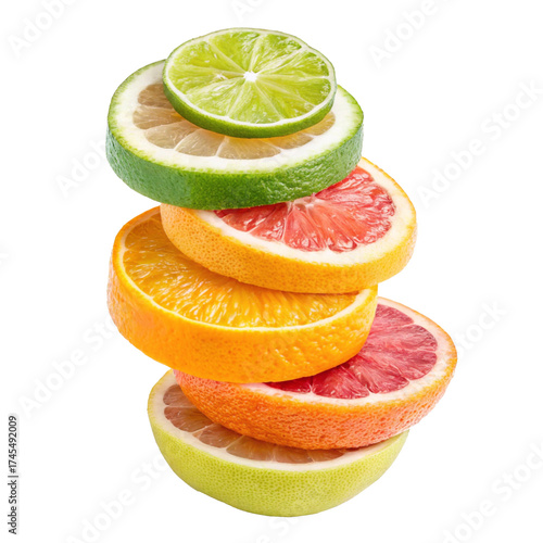 Stack of fresh citrus fruit slices isolated on transparent background