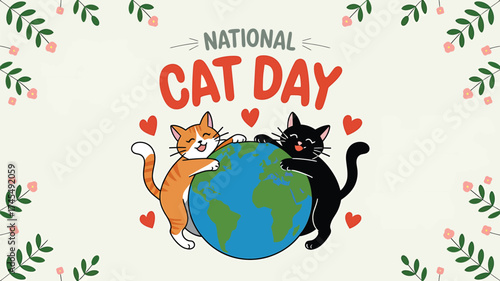 Vector art of two cute cartoon cats, one orange and one black, hugging the planet earth with hearts and floral border for national cat day celebration