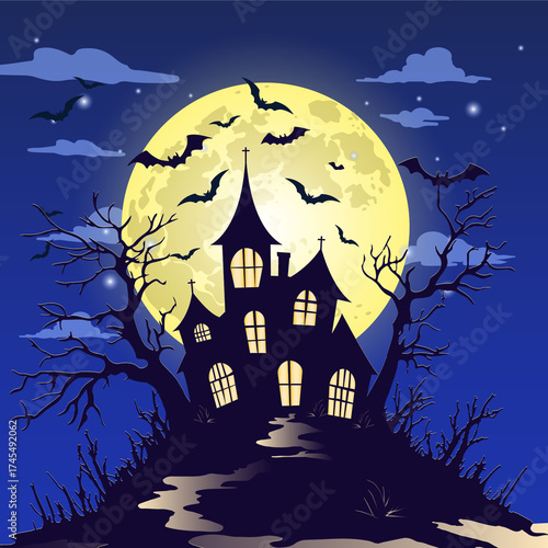Classic Haunted House Silhouette Against Yellow Full Moon and Dark Blue Sky