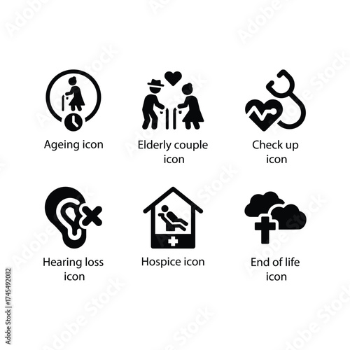 Ageing, Elderly couple, Check up, Hearing loss, Hospice, End of life, Black Icon Set
