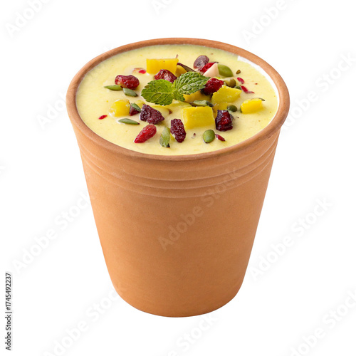 Refreshing indian lassi drink in a clay cup isolated on transparent background